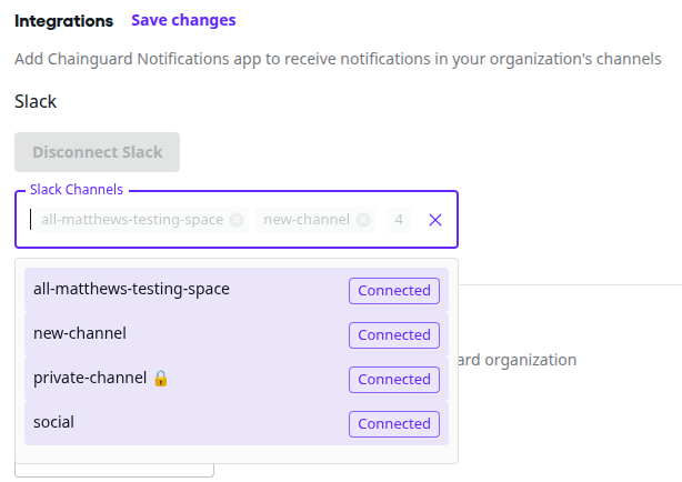 Screenshot showing the Integrations section of the Chainguard Console's Settings > Notifications page.